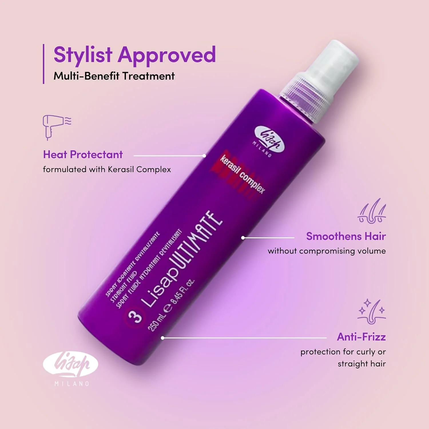 محافظ حرارتی مو لیزاپ، اسپری موی مایع صاف کننده نهایی، محصولات ضد وز مو، محافظت حرارتی آبرسان، تقویت کننده، صاف کننده و حالت دهنده مو، مناسب برای انواع مو، 250 میلی لیتر