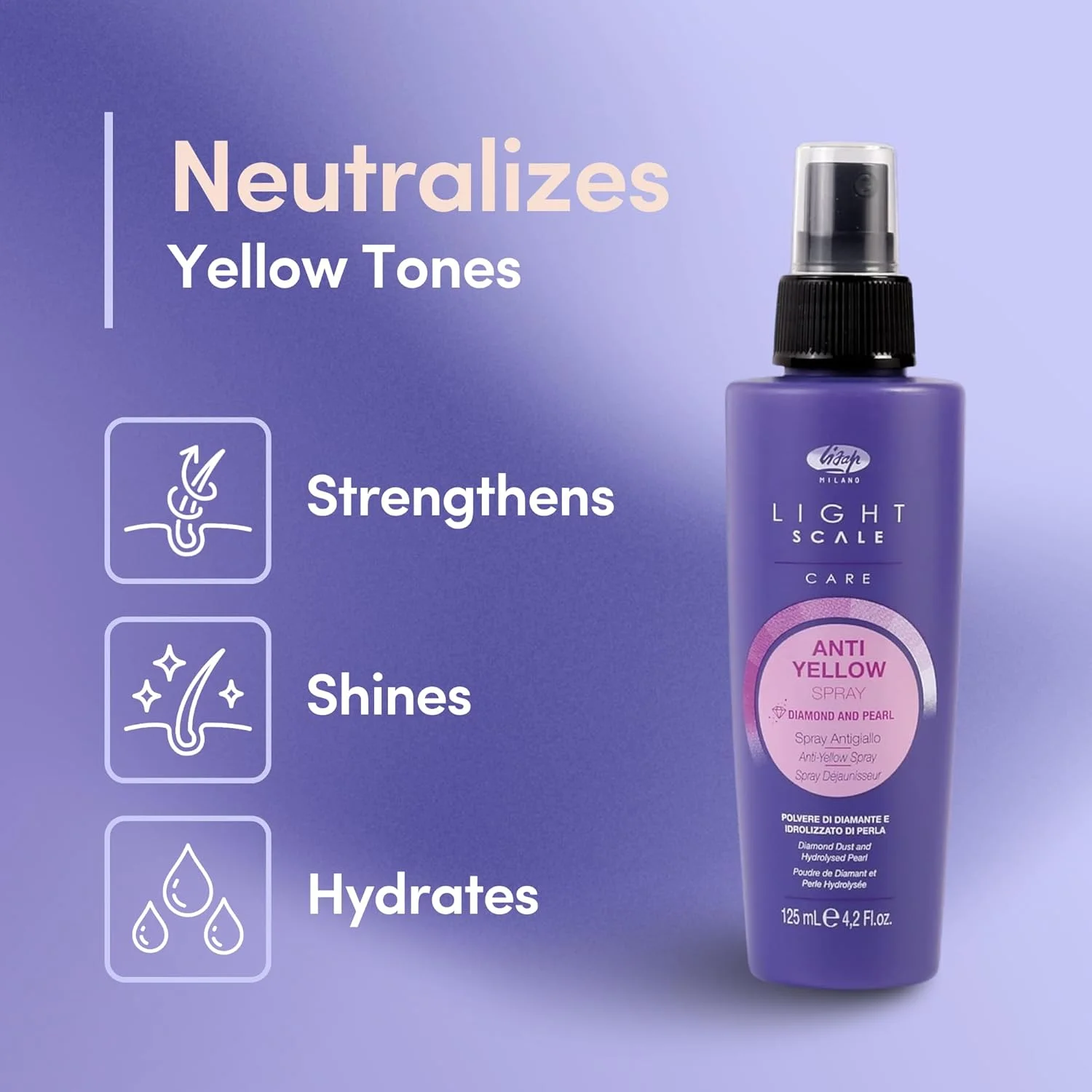 اسپری ضد زردی مو لیساپ سری Light Scale Care، تونر بنفش برای هایلایت، مغذی و آبرسان، خنثی کننده رنگ های زرد ناخواسته برای موهای بلوند متعادل، 125 میلی لیتر - Milano