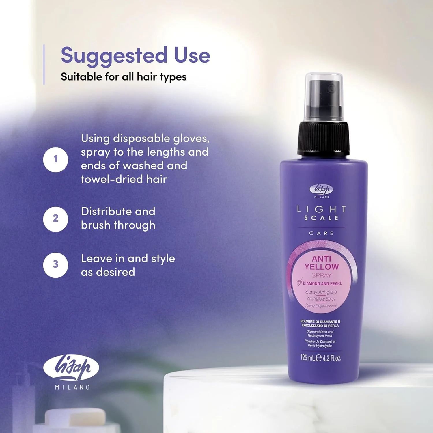 اسپری ضد زردی مو لیساپ سری Light Scale Care، تونر بنفش برای هایلایت، مغذی و آبرسان، خنثی کننده رنگ های زرد ناخواسته برای موهای بلوند متعادل، 125 میلی لیتر - Milano