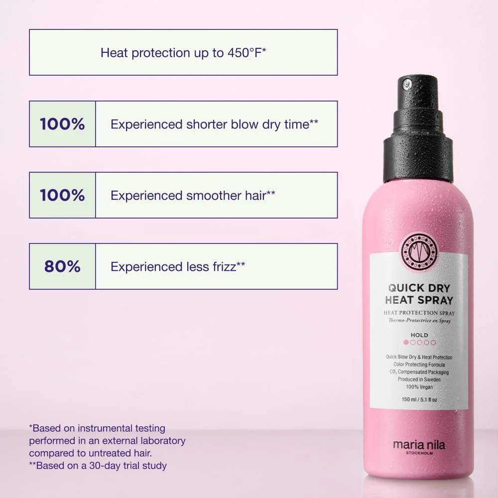 اسپری محافظ حرارت و خشک کننده سریع مو ماریا نیلا، 150 میلی لیتر، محافظت از مو در برابر حرارت و کاهش زمان خشک شدن، 100% وگان و بدون سولفات/پارابن