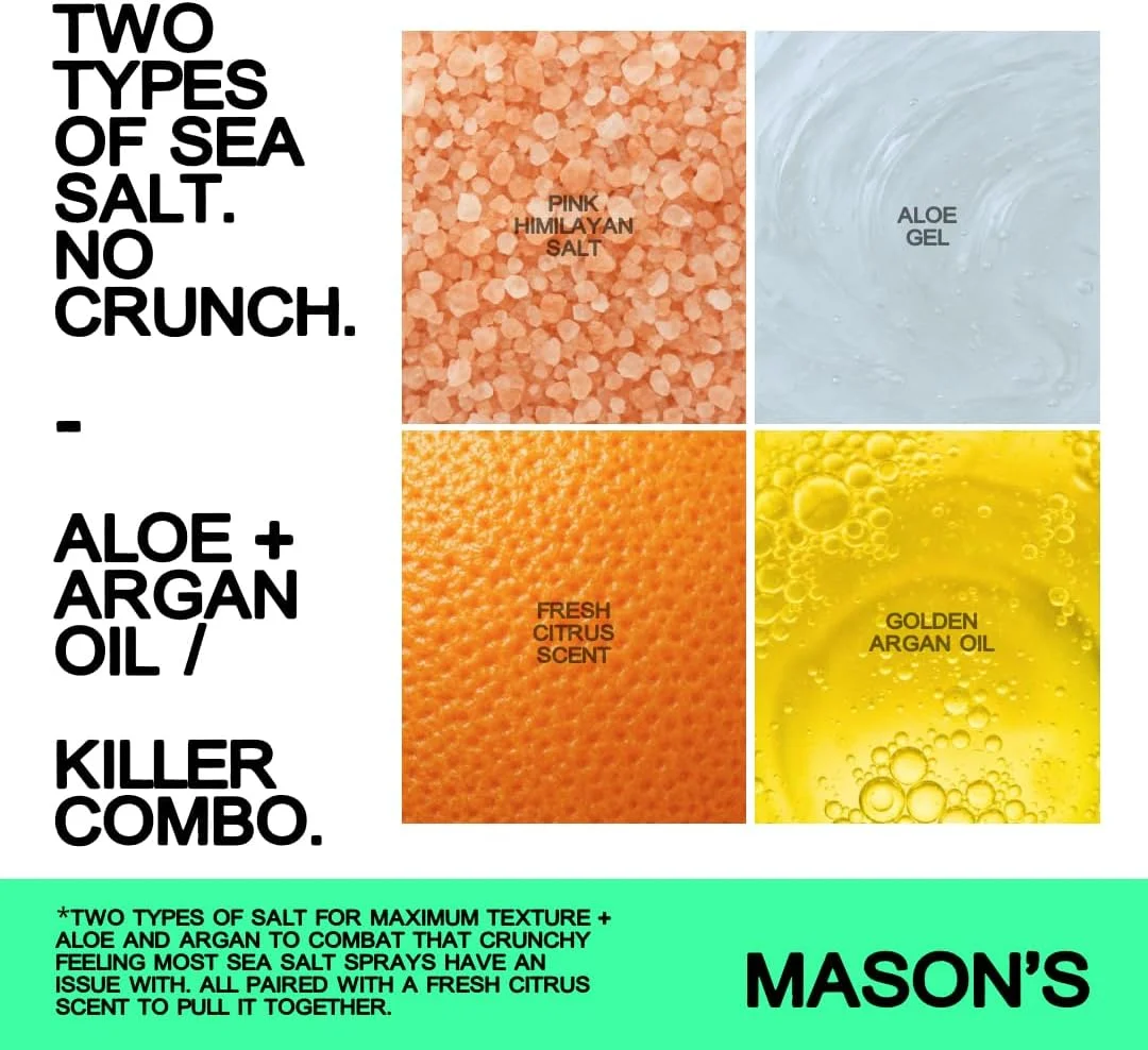 اسپری نمک دریایی حالت دهنده مو میسون برای آقایان و بانوان - اسپری بافت دهنده مو با آلوئه ورا و روغن آرگان - سبک، غیر چسبنده برای ایجاد حالت موج دار ساحلی، حجم و بافت - رایحه باران کوهستانی - 236 میلی لیتر