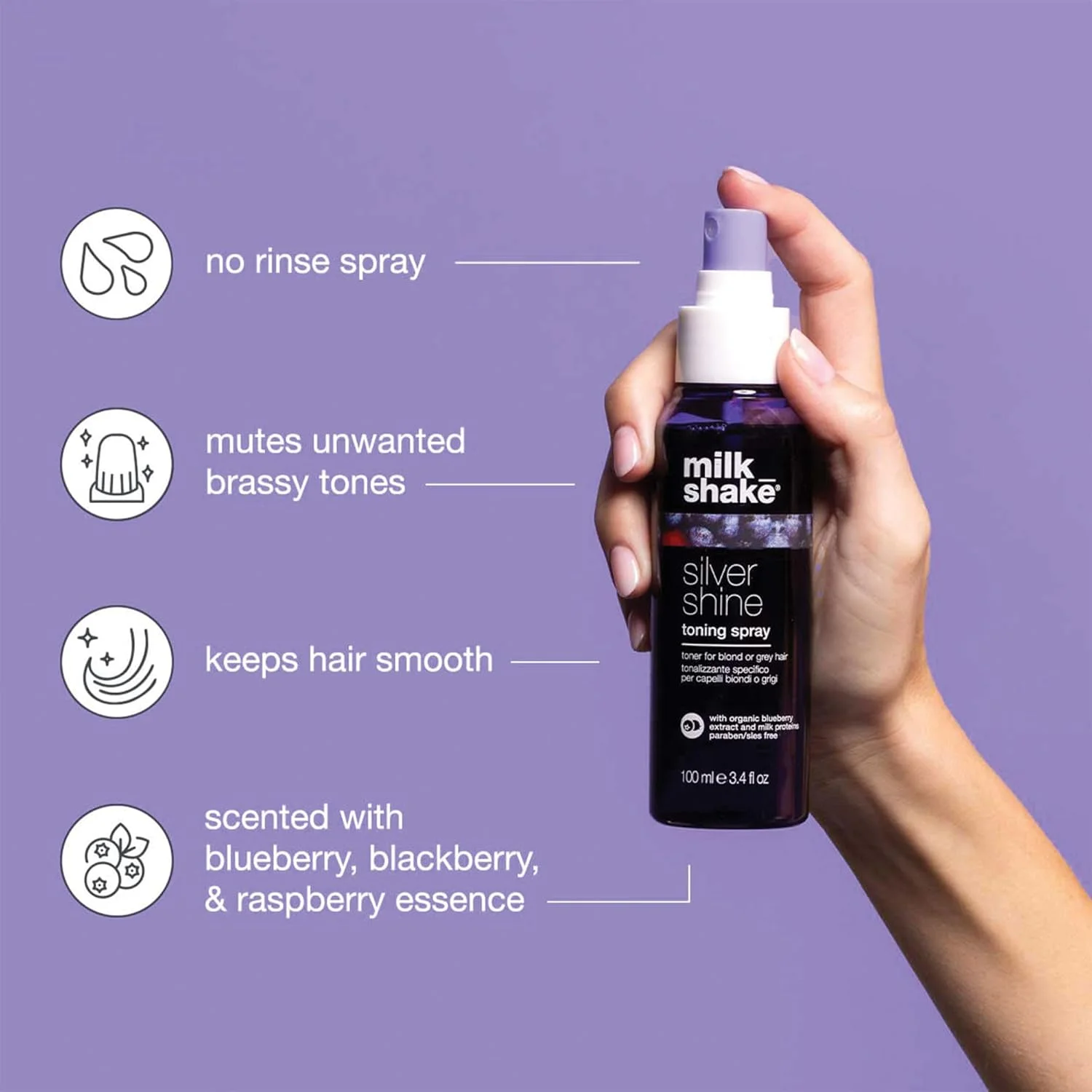 اسپری تونینگ Silver Shine میلک شیک 100 میلی لیتر، اسپری تونینگ ضد زردی مخصوص موهای بلوند یا خاکستری، با رنگدانه بنفش، ساخت ایتالیا