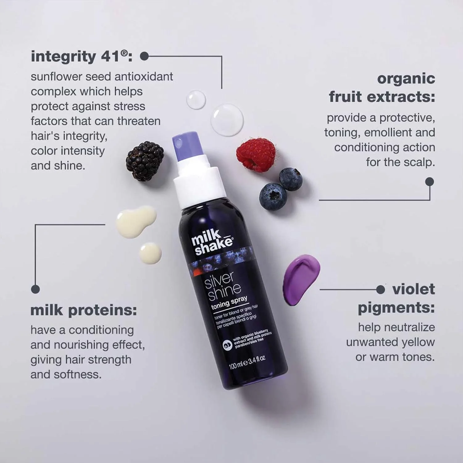 اسپری تونینگ Silver Shine میلک شیک 100 میلی لیتر، اسپری تونینگ ضد زردی مخصوص موهای بلوند یا خاکستری، با رنگدانه بنفش، ساخت ایتالیا