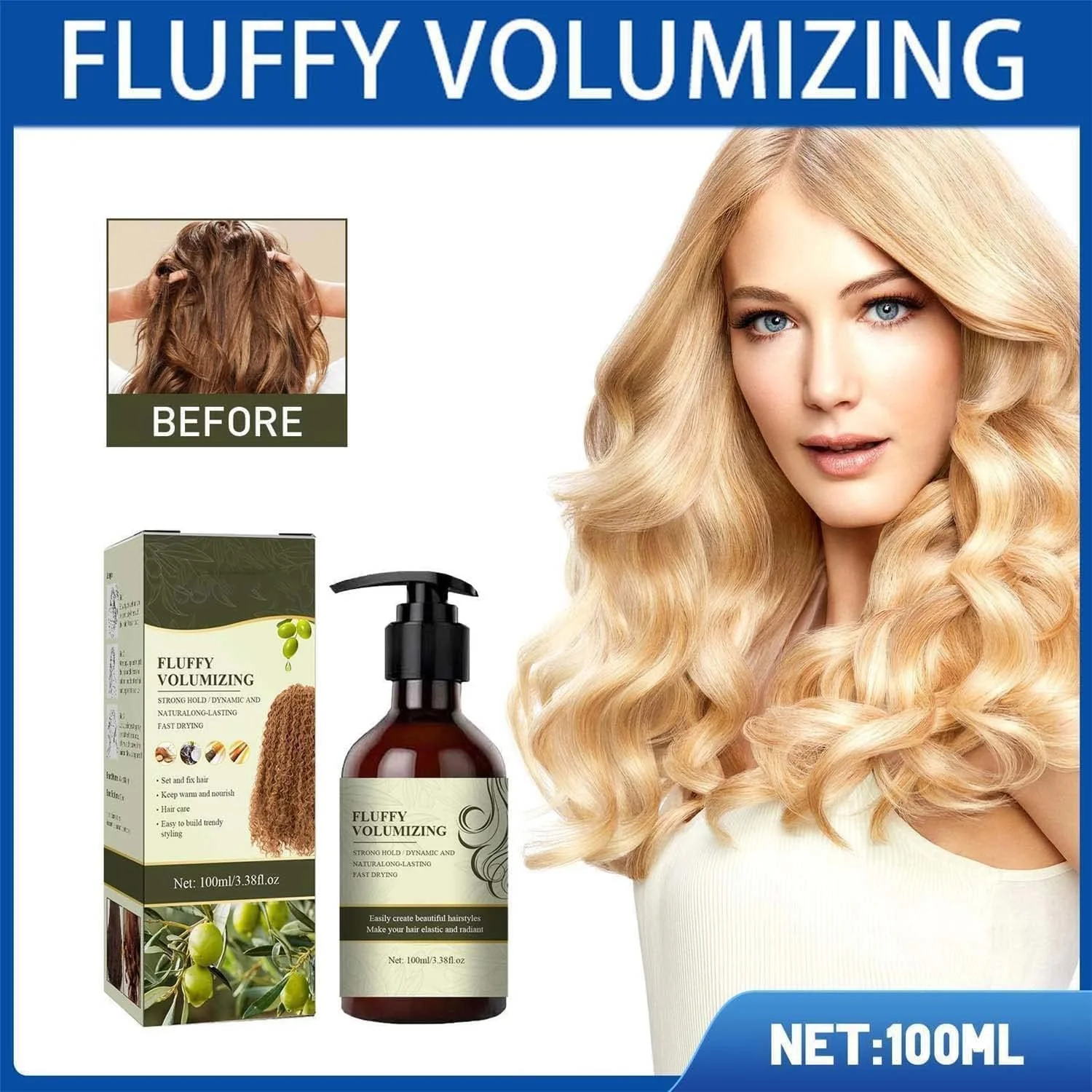 مراقبت از مو با روغن زیتون طبیعی، ماسک سریع حالت دهنده و حجم دهنده مو، اسپری حجم دهنده مو، حجم دهی فوری بدون چربی و چسبندگی، حالت دهی مو برای انواع مو. (1 عدد)