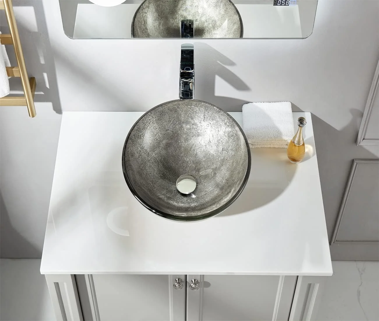 روشویی شیشه ای گرد حرارت دیده سری پیچ امین الدوله Fanwin Star | روشویی روکار | کاسه روشویی دست ساز با تخلیه Pop Up | FW-LA624