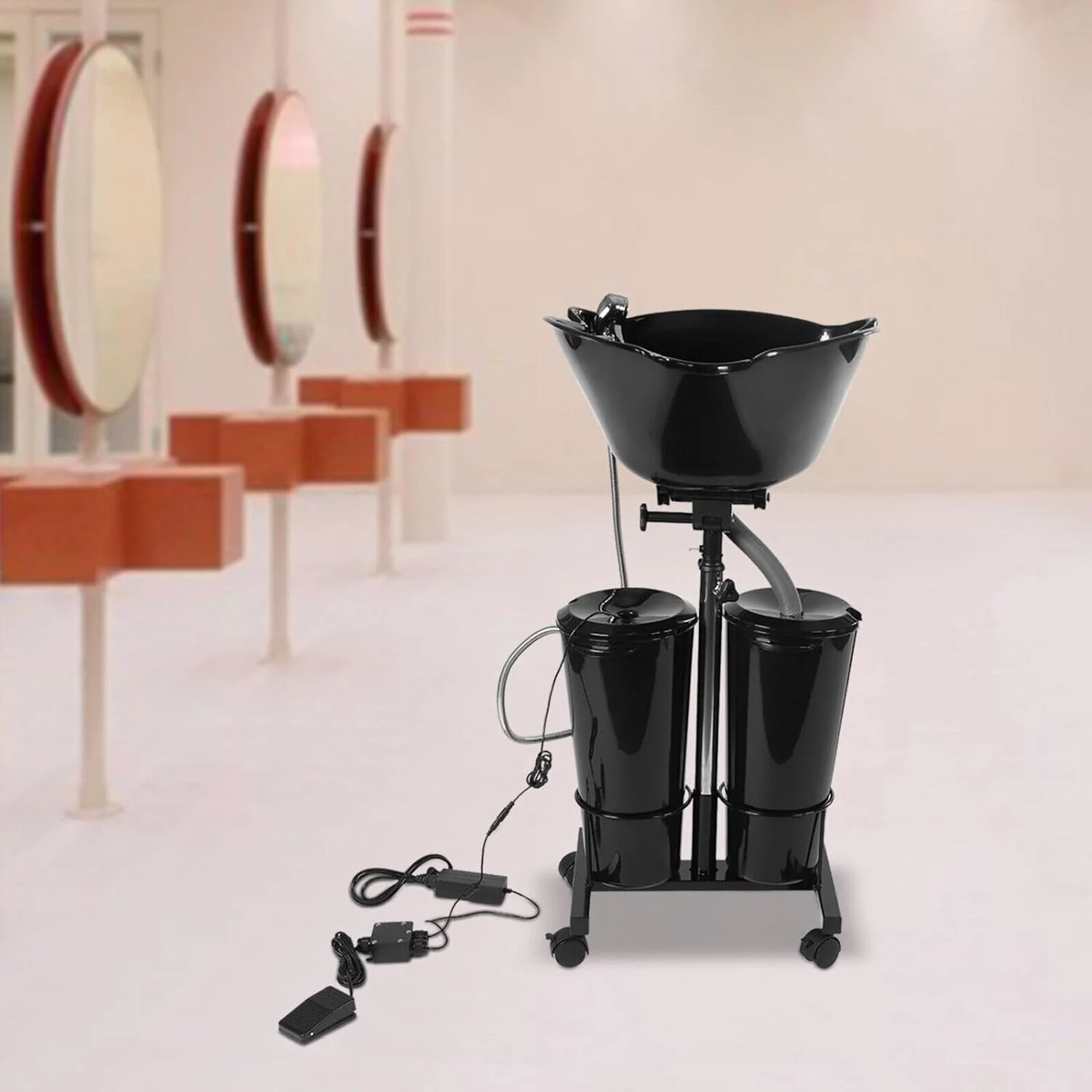 سینک شستشوی موی سر متحرک، سینک شامپو عمیق قابل حمل با قابلیت تنظیم ارتفاع و زاویه، سینک شستشوی موی سر آرایشگاهی با شلنگ تخلیه، 50 * 49 * 23 سانتی متر