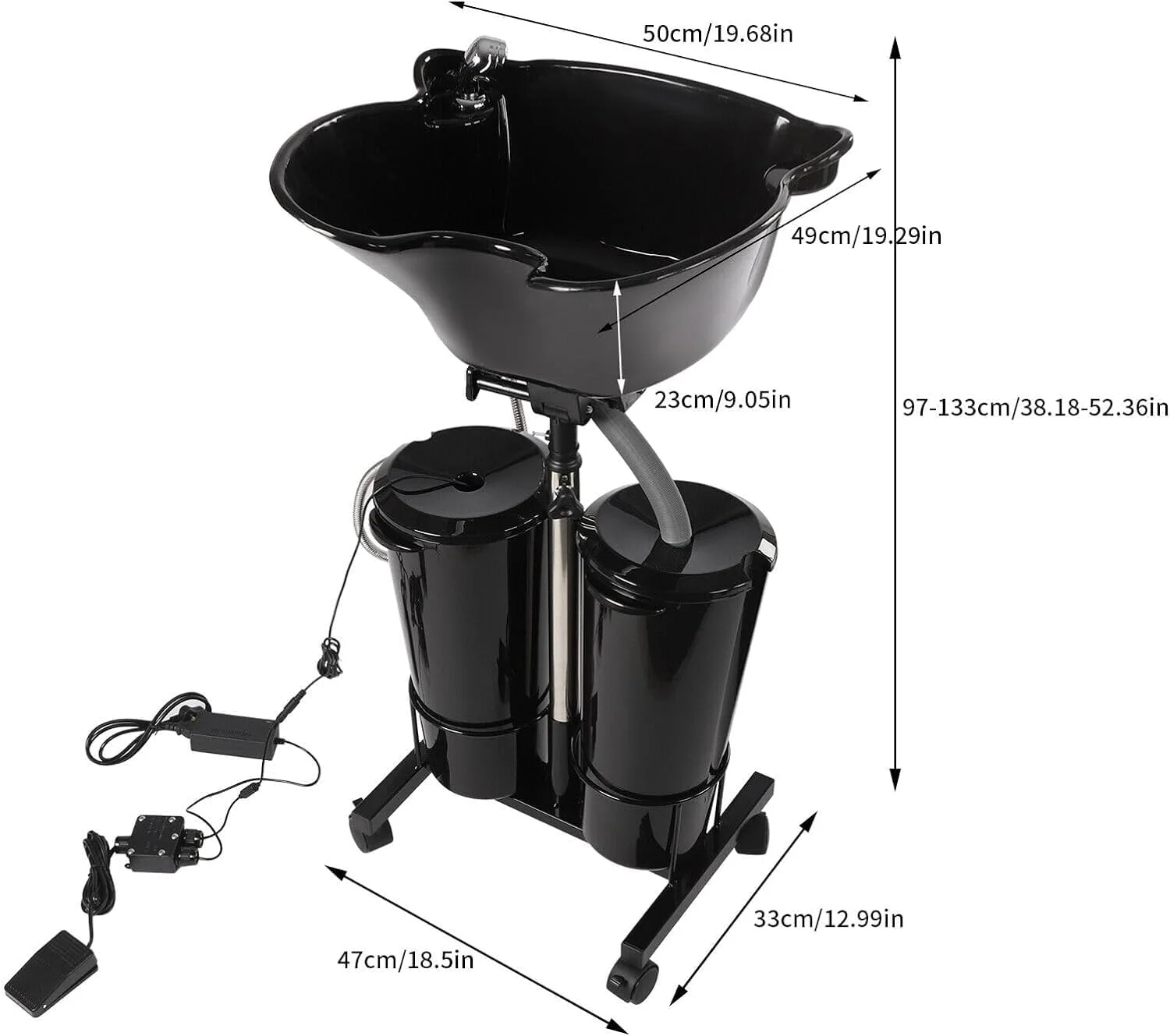سینک شستشوی موی سر متحرک، سینک شامپو عمیق قابل حمل با قابلیت تنظیم ارتفاع و زاویه، سینک شستشوی موی سر آرایشگاهی با شلنگ تخلیه، 50 * 49 * 23 سانتی متر