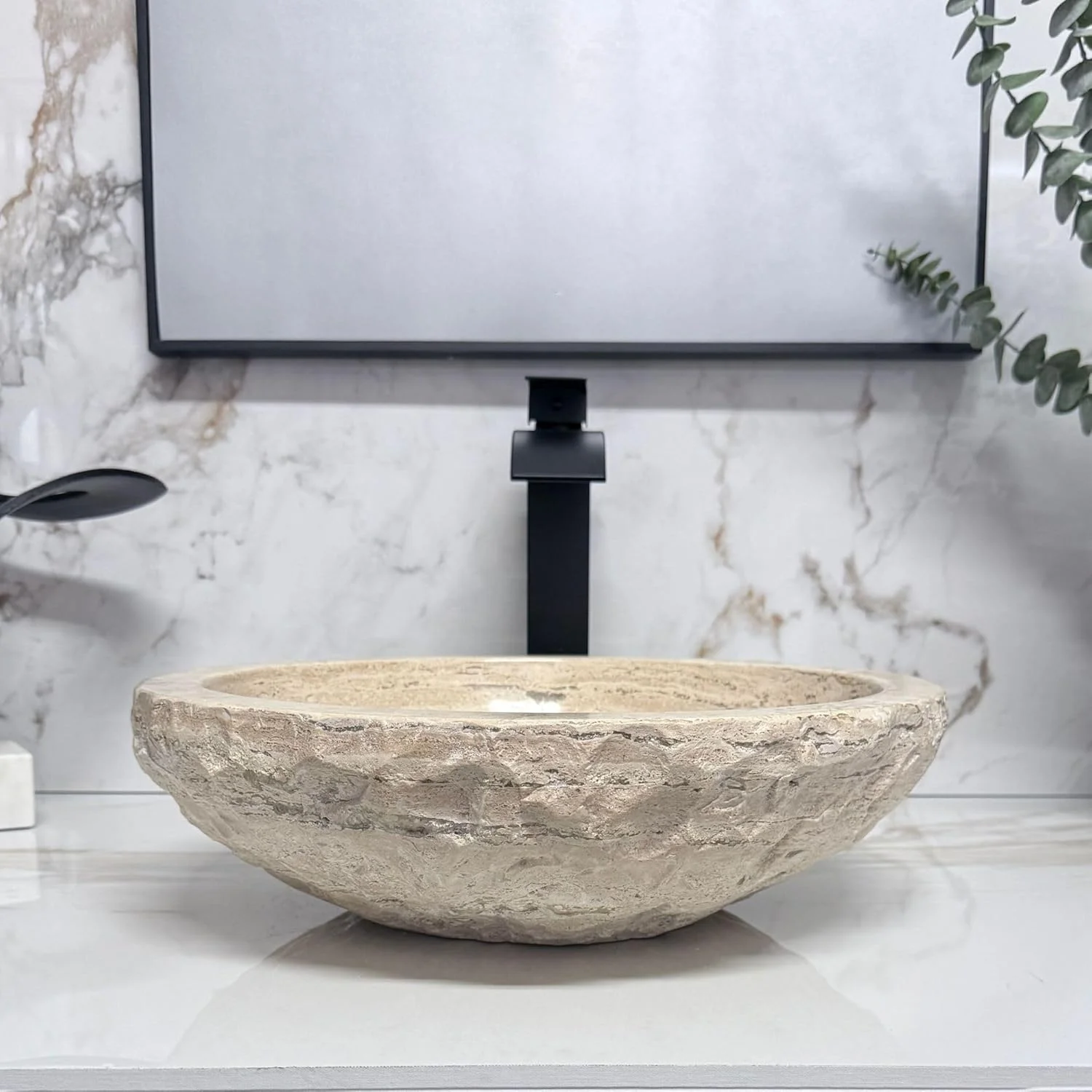 روشویی سنگی گرد طرح طبیعت، کاسه ای شکل، ساخته شده از سنگ مرمر طبیعی، حکاکی شده با دست، به همراه جای صابون