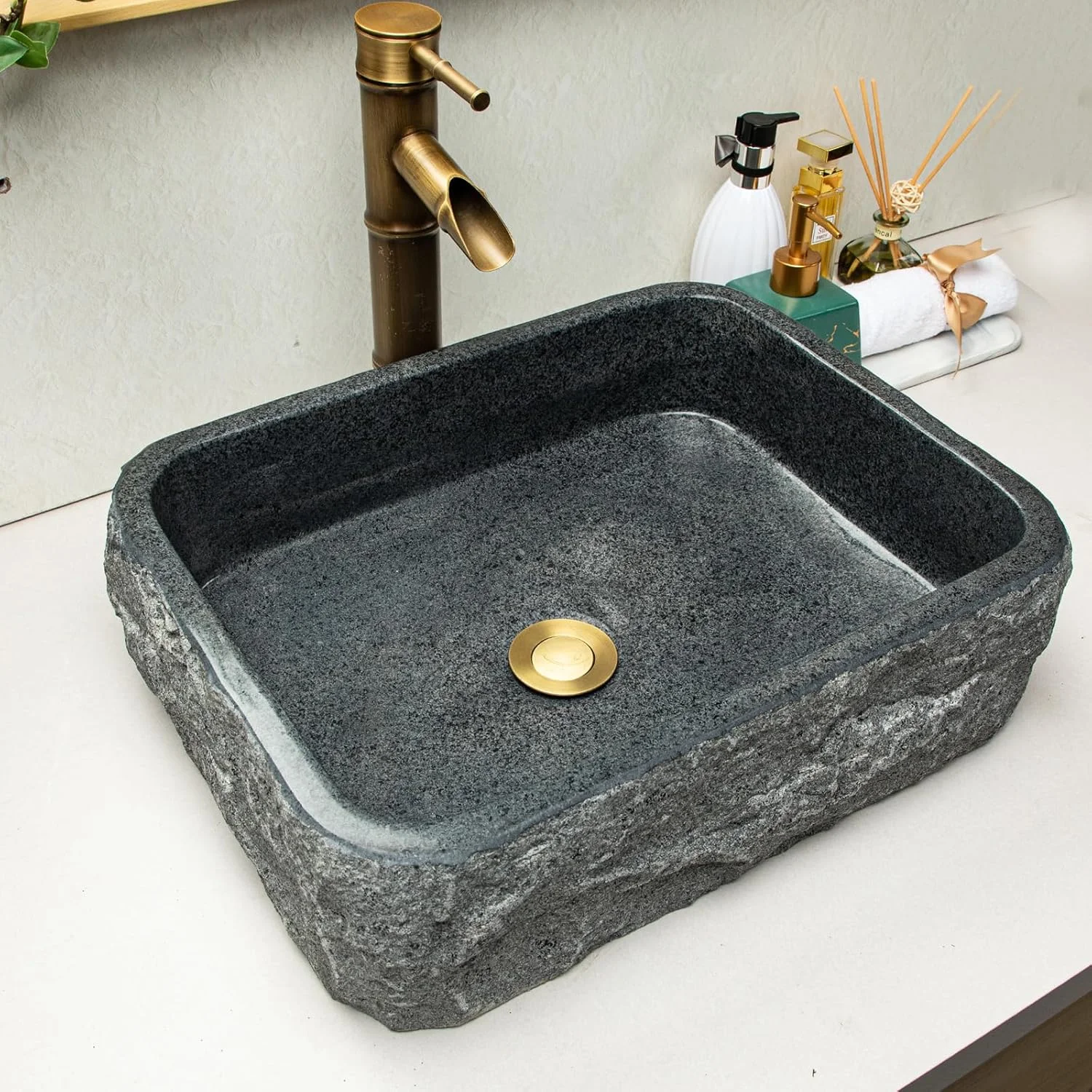 سینک سنگی دست ساز منحصر به فرد، سینک مستطیلی متوسط، خاکستری تیره خالدار - سینک گرانیتی، سبک روستایی، برای روشویی یا رویه کابینت حمام