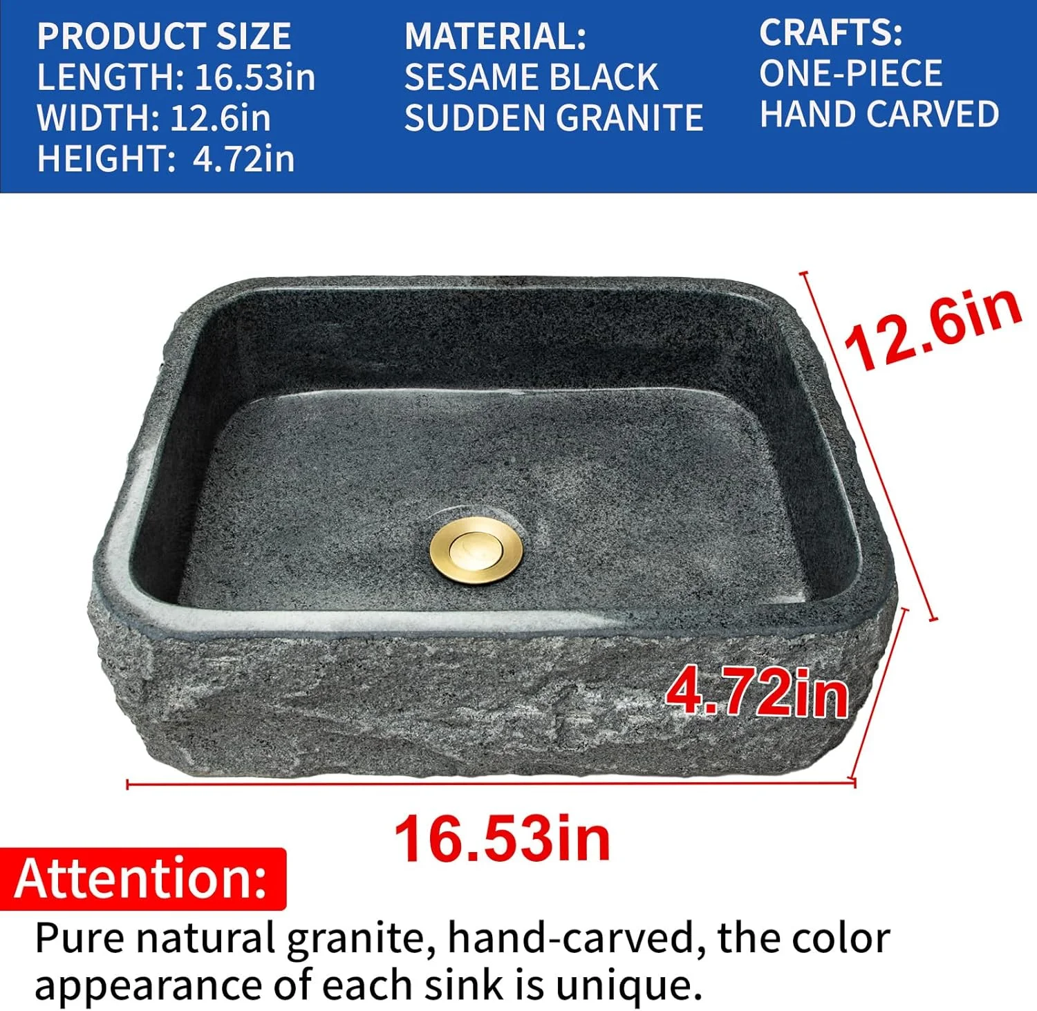 سینک سنگی دست ساز منحصر به فرد، سینک مستطیلی متوسط، خاکستری تیره خالدار - سینک گرانیتی، سبک روستایی، برای روشویی یا رویه کابینت حمام