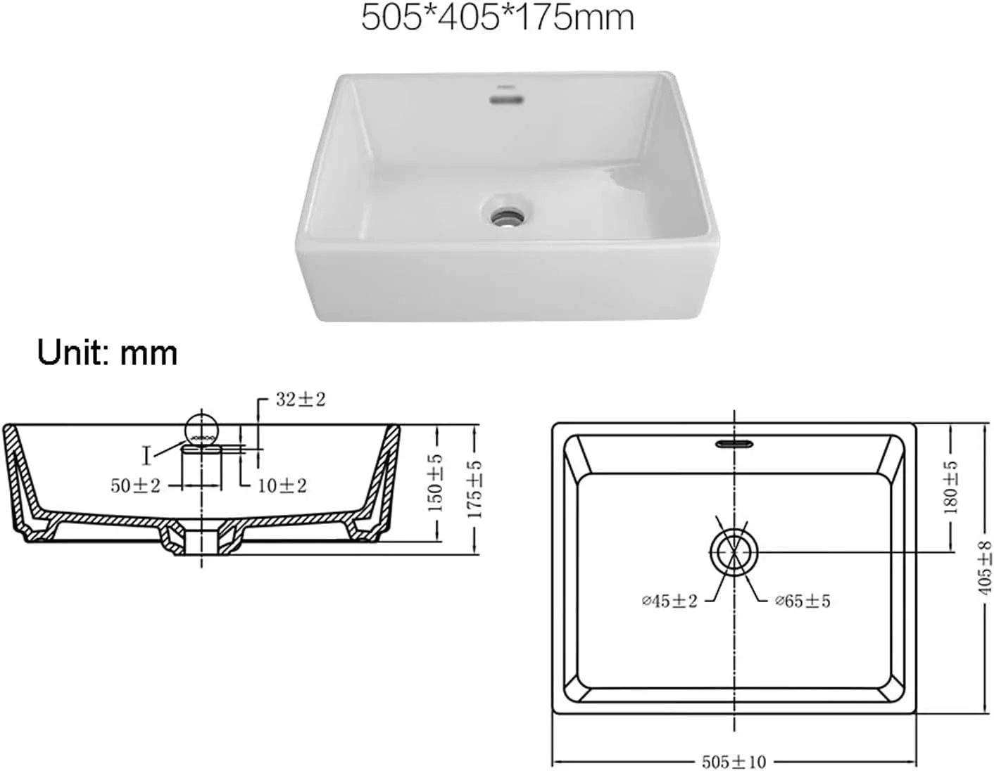 روشویی مستطیلی سفید رنگ برای حمام، کاسه روشویی، سینک روشویی روکار، ابعاد 50.5 × 40.5 سانتیمتر، مناسب برای حمام