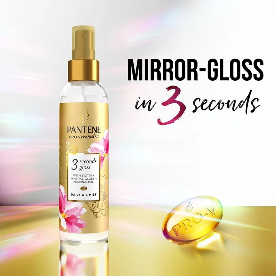 اسپری روغن موی روزانه پنتن پرو-وی Miracles 3 Seconds Gloss (۱۴۵ میلی لیتر) حاوی مواد معدنی درخشان کننده، بیوتین و نیاسینامید، مناسب موهای رنگ شده، درخشش رنگ، مراقبت از مو برای موهای رنگ شده