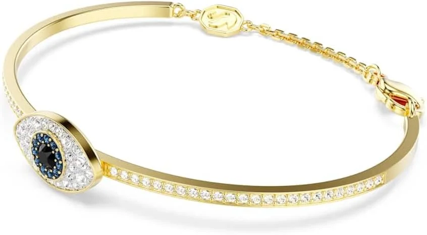 دستبند سواروسکی سمبولیکا، چشم نظر، کریستالهای آبی و سفید در یک قاب با روکش طلایی دستبند سواروسکی سمبولیکا، چشم نظر، کریستالهای آبی و سفید در یک قاب با روکش طلایی