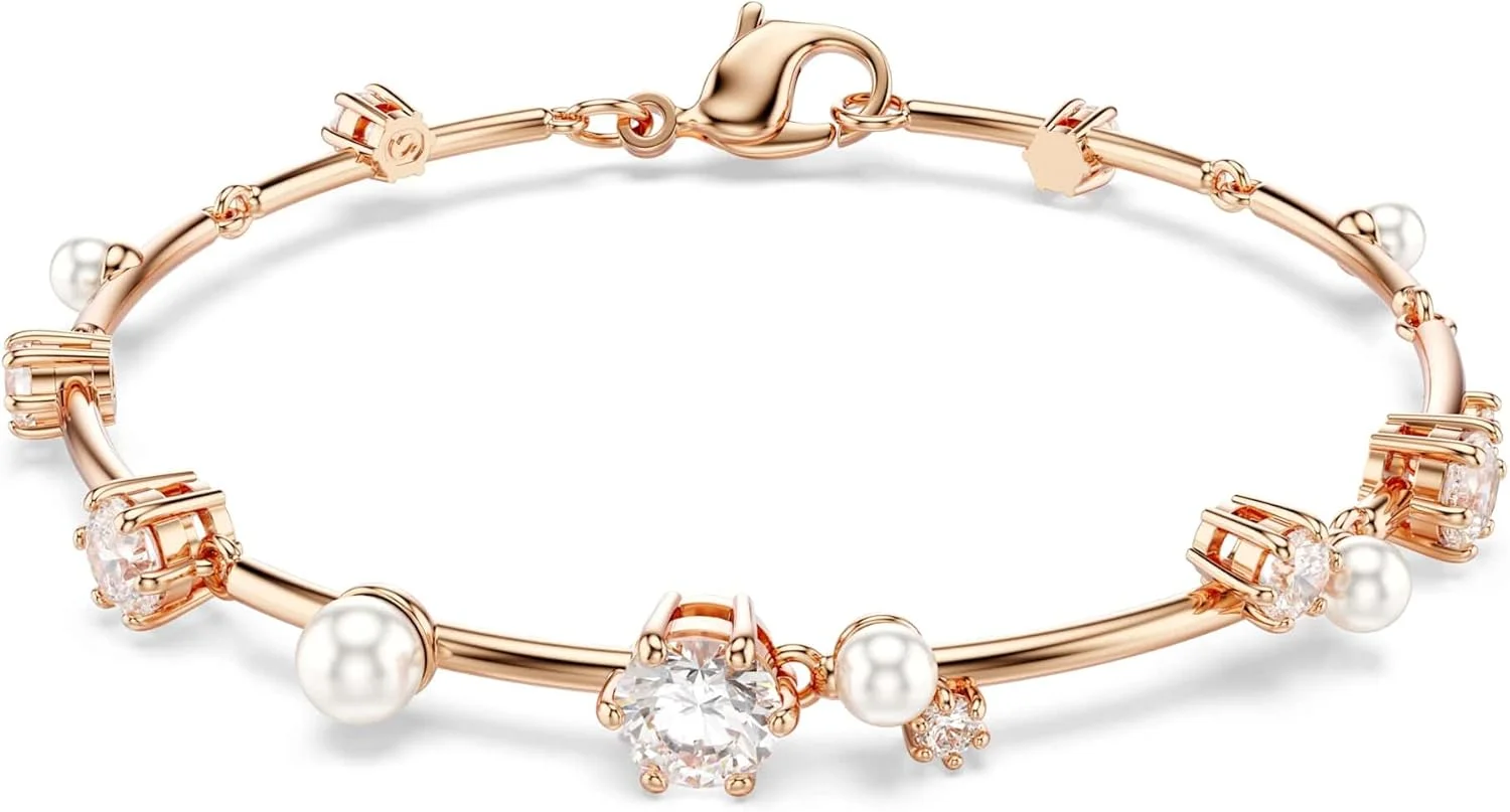 دستبند تنیس مروارید کریستالی Constella سواروسکی، برش گرد، سفید، روکش طلایی رزگلد، 17، کریستال، زیرکونیا کوبیک