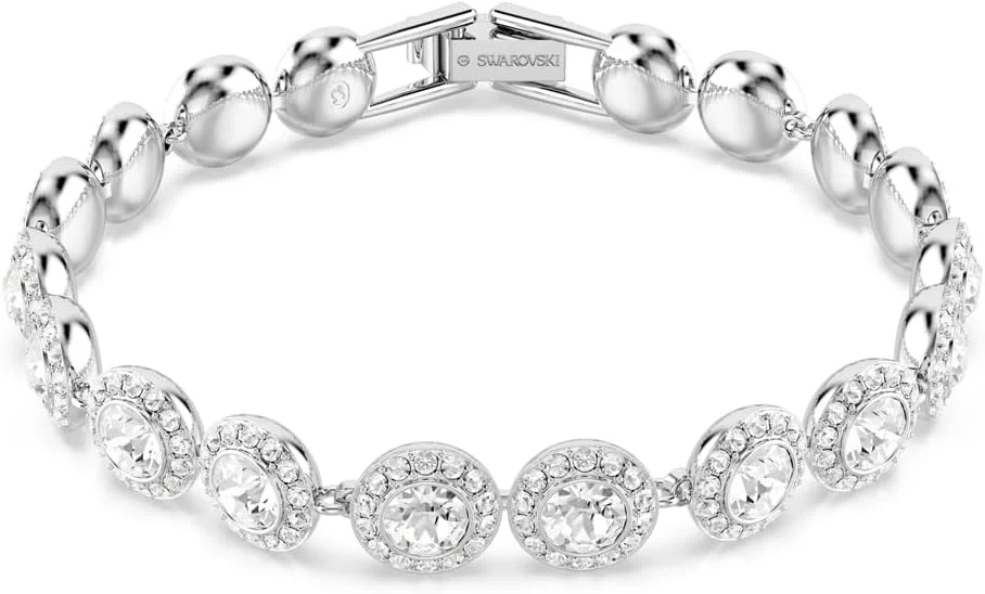 دستبند تنیس سواروسکی Una Angelic، برش گرد، شفاف، روکش رودیوم، 6 1/8 تا 7 اینچ، کریستال