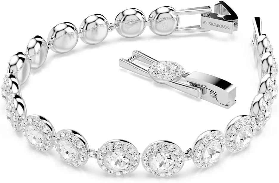 دستبند تنیس سواروسکی Una Angelic، برش گرد، شفاف، روکش رودیوم، 6 1/8 تا 7 اینچ، کریستال