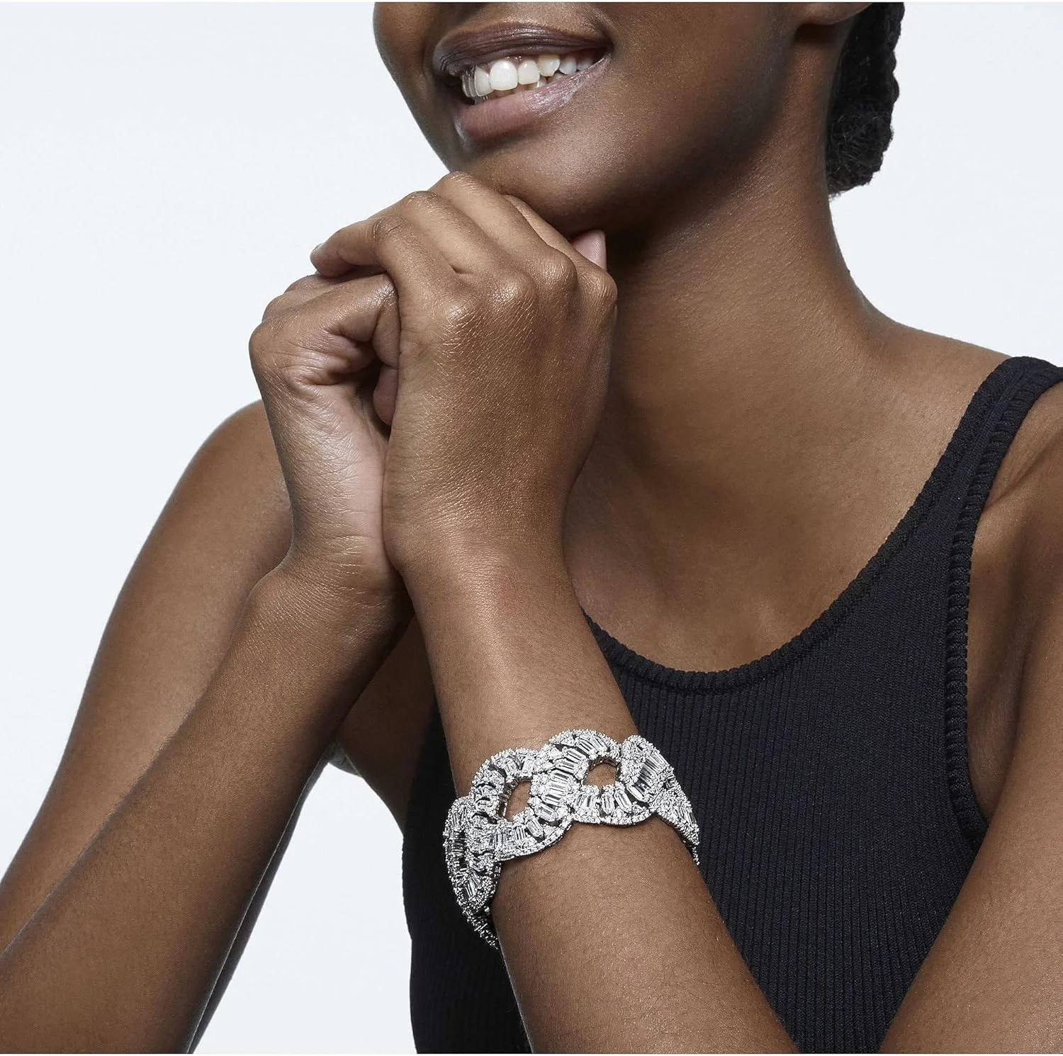 دستبند سواروسکی هایپربولا، برش های ترکیبی، موج، سفید، روکش رودیوم