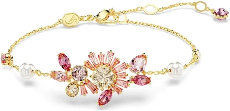 دستبند سواروسکی Gema مروارید کریستالی، برش های ترکیبی، گل، صورتی، روکش طلایی