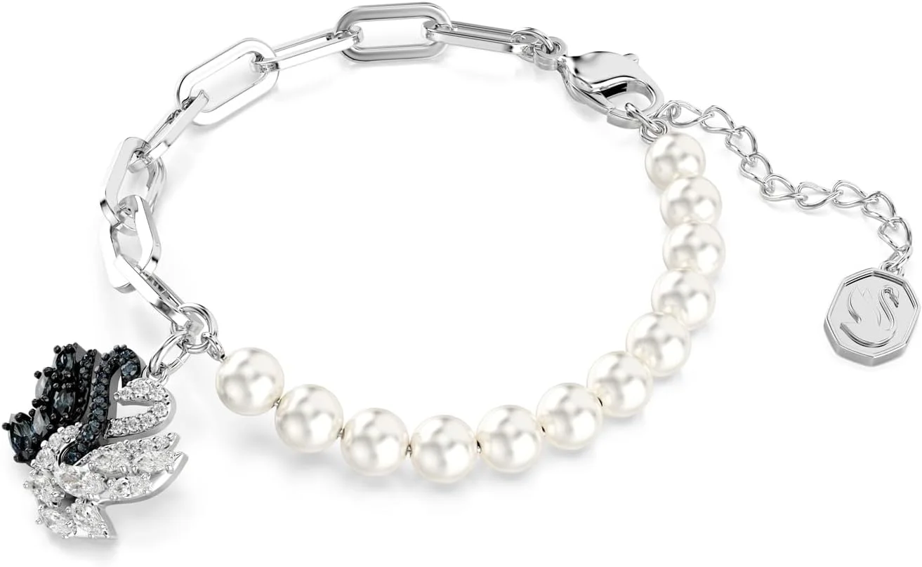 دستبند قو سواروسکی، مروارید کریستالی، قو، مشکی، روکش رودیوم، متوسط، کریستال، فلز با روکش رودیوم، زیرکونیا