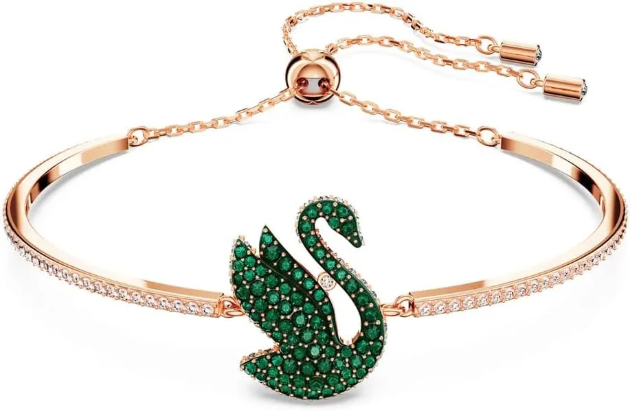 دستبند ایکونیک قو سواروسکی، قو، سبز، روکش طلایی رزگلد