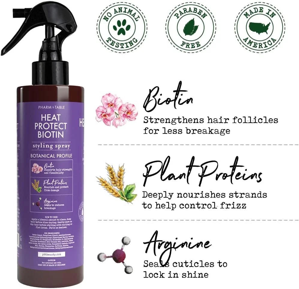 اسپری محافظ حرارت مو فارم تو تیبل حاوی بیوتین، ۲۴۰ میلی لیتر، محافظت از مو در برابر حرارت تا دمای ۲۳۰ درجه سانتیگراد، حاوی ویتامین B7