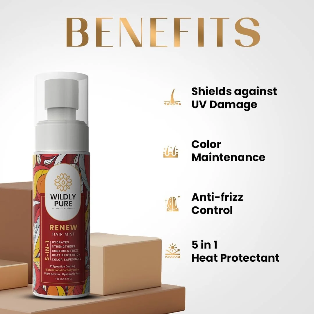 اسپری محافظ حرارت 5 در 1 Wildly Pure Renew با پلی پپتیدها و اسید هیالورونیک | محافظت در برابر حرارت و اشعه ماوراء بنفش، کنترل وز و محافظت از رنگ | مناسب آقایان و بانوان | بدون مواد شیمیایی | 100 میلی لیتر (اسپری موی Renew)