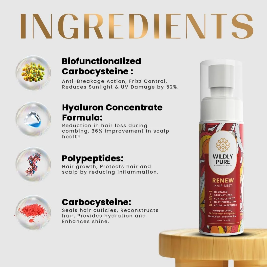اسپری محافظ حرارت 5 در 1 Wildly Pure Renew با پلی پپتیدها و اسید هیالورونیک | محافظت در برابر حرارت و اشعه ماوراء بنفش، کنترل وز و محافظت از رنگ | مناسب آقایان و بانوان | بدون مواد شیمیایی | 100 میلی لیتر (اسپری موی Renew)