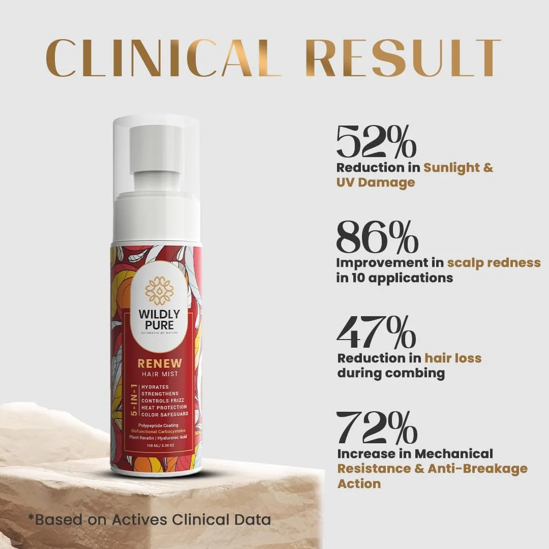 اسپری محافظ حرارت 5 در 1 Wildly Pure Renew با پلی پپتیدها و اسید هیالورونیک | محافظت در برابر حرارت و اشعه ماوراء بنفش، کنترل وز و محافظت از رنگ | مناسب آقایان و بانوان | بدون مواد شیمیایی | 100 میلی لیتر (اسپری موی Renew)