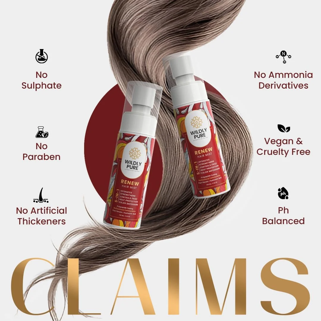 اسپری محافظ حرارت 5 در 1 Wildly Pure Renew با پلی پپتیدها و اسید هیالورونیک | محافظت در برابر حرارت و اشعه ماوراء بنفش، کنترل وز و محافظت از رنگ | مناسب آقایان و بانوان | بدون مواد شیمیایی | 100 میلی لیتر (اسپری موی Renew)