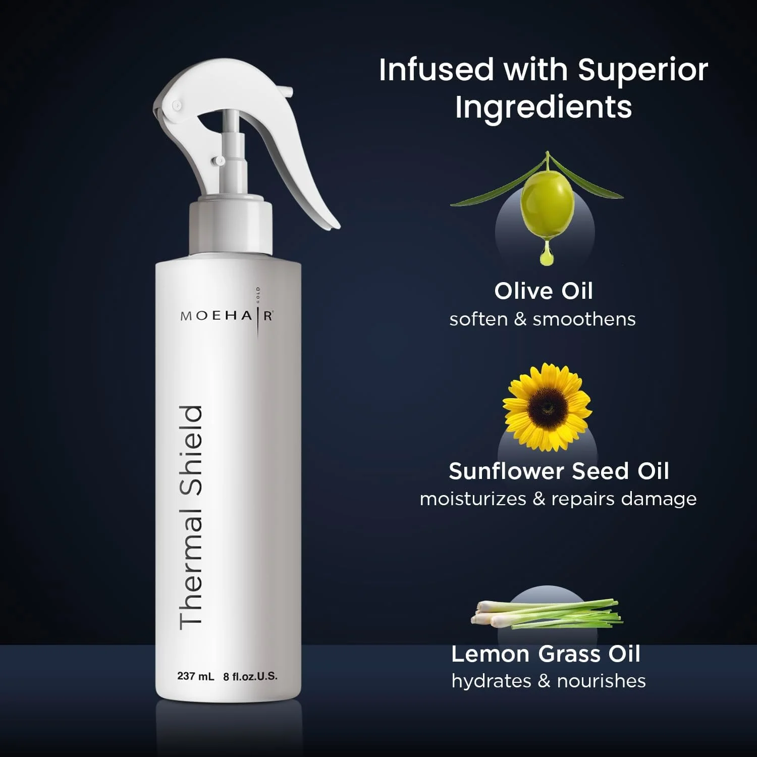 اسپری محافظ حرارت مو موهیر | مواد غنی از روغن | محافظ سشوار و اتو مو | قوی، درخشان، ضد وز | بدون سولفات و پارابن (236 میلی لیتر)