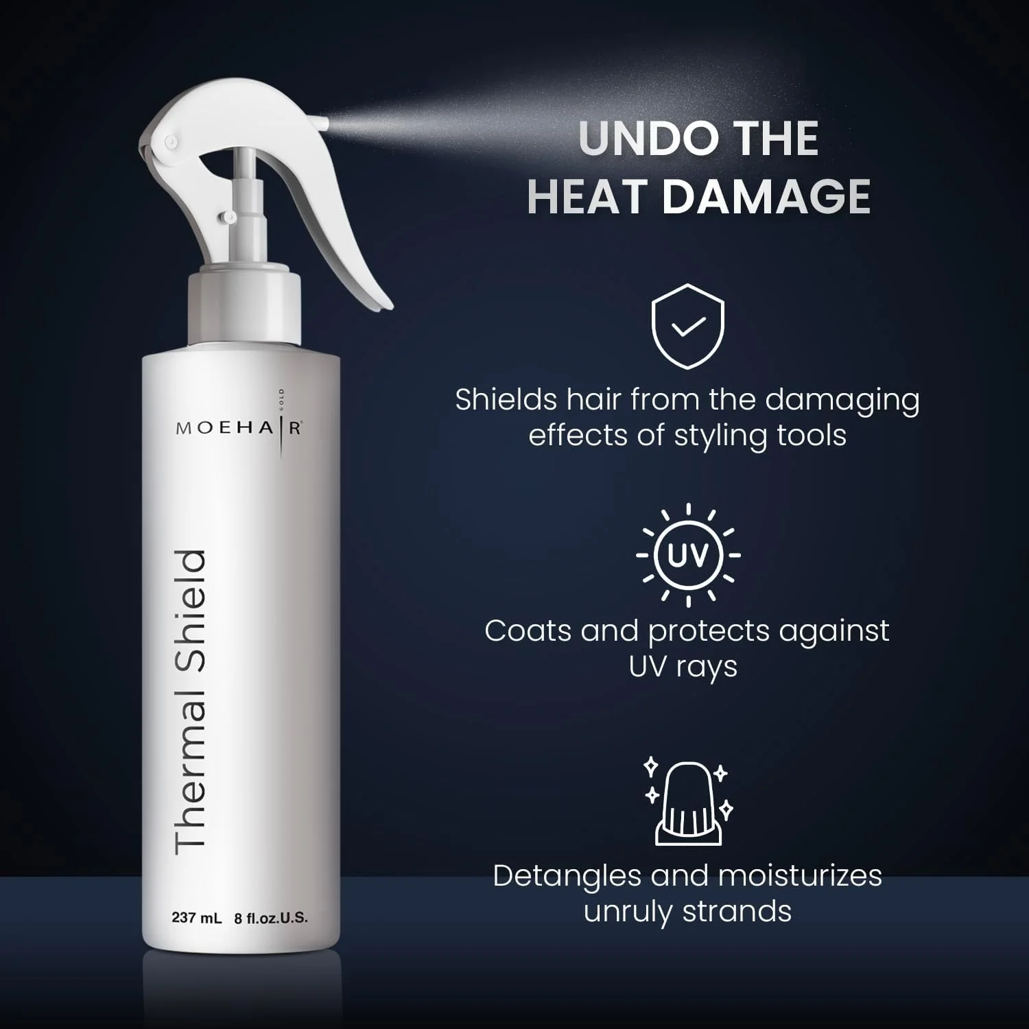 اسپری محافظ حرارت مو موهیر | مواد غنی از روغن | محافظ سشوار و اتو مو | قوی، درخشان، ضد وز | بدون سولفات و پارابن (236 میلی لیتر)