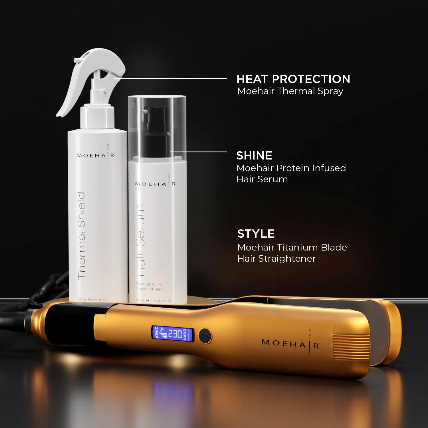 اسپری محافظ حرارت مو موهیر | مواد غنی از روغن | محافظ سشوار و اتو مو | قوی، درخشان، ضد وز | بدون سولفات و پارابن (236 میلی لیتر)