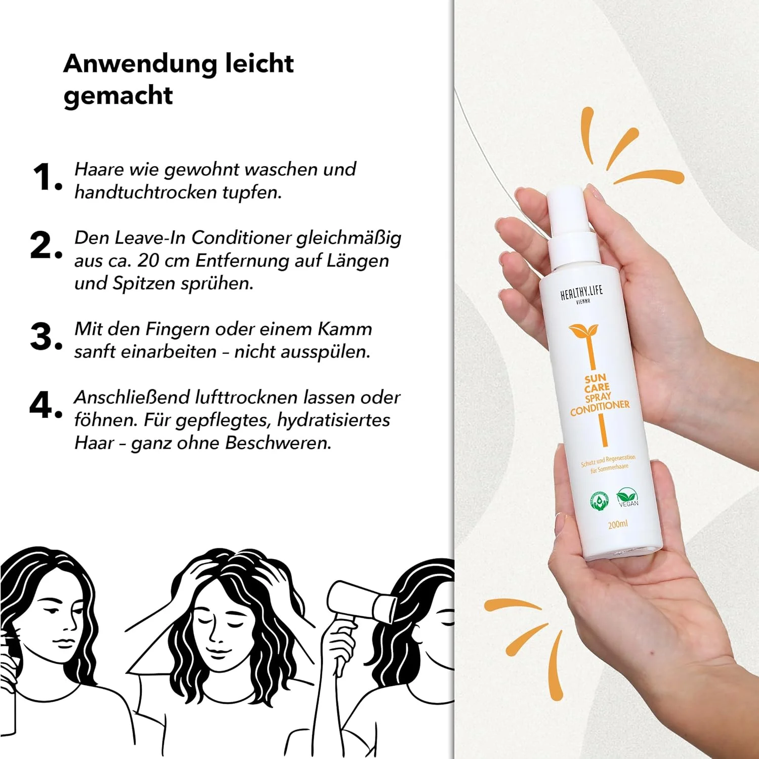 اسپری مراقبت از مو HLV با محافظت در برابر اشعه ماوراء بنفش، اسپری نرم کننده مراقبت از آفتاب، مراقبت از مو وگان با پانتنول و آگاو، محافظت در برابر آفتاب و آب نمک، برای رطوبت و شانه پذیری، موهای صاف (200 میلی لیتر)