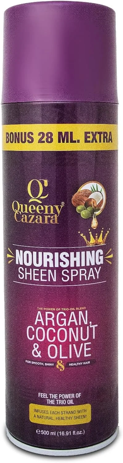کوئینی کازرا - آرگان، نارگیل و زیتون (ترکیب روغن سه گانه قدرتمند) - اسپری درخشان کننده مغذی 500 میلی لیتر (28 میلی لیتر بیشتر) - برای موهای صاف، براق و سالم.