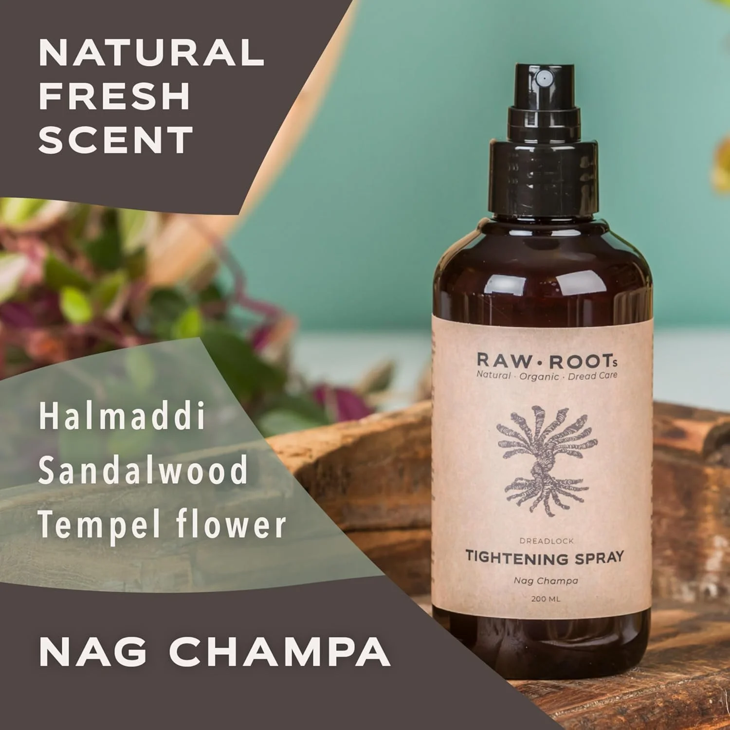 اسپری سفت کننده دریدلاک RAW ROOTs | 200 میلی لیتر | Nag Champa | اسپری سفت کننده - کاهش موهای شل و تازه سازی دریدلاک ها | لوازم آرایشی طبیعی وگان پایدار با آلوئه ورا