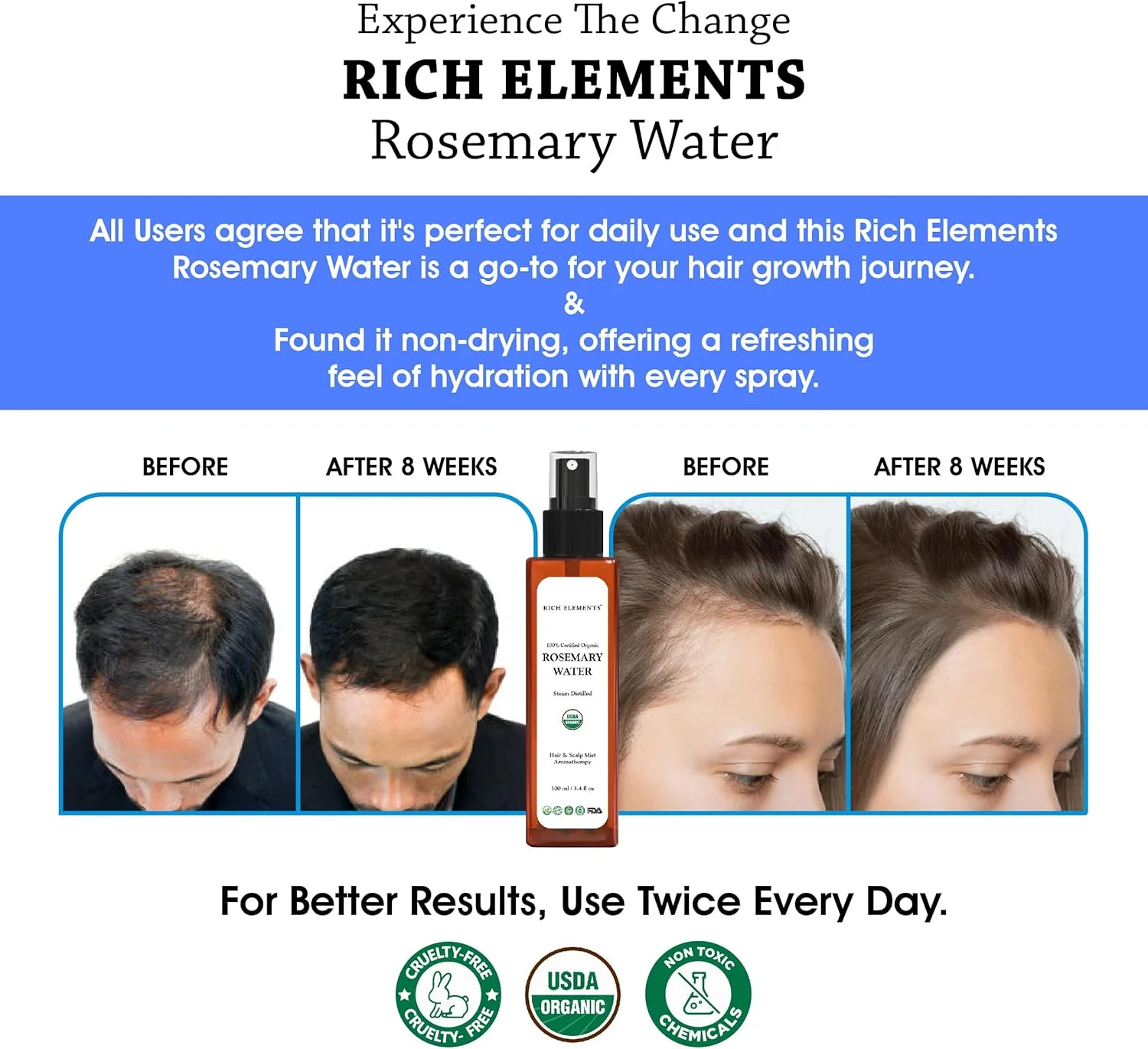 اسپری آب رزماری ارگانیک ریچ المنتس، میست مو (بسته 2 عددی، 100 میلی لیتر)