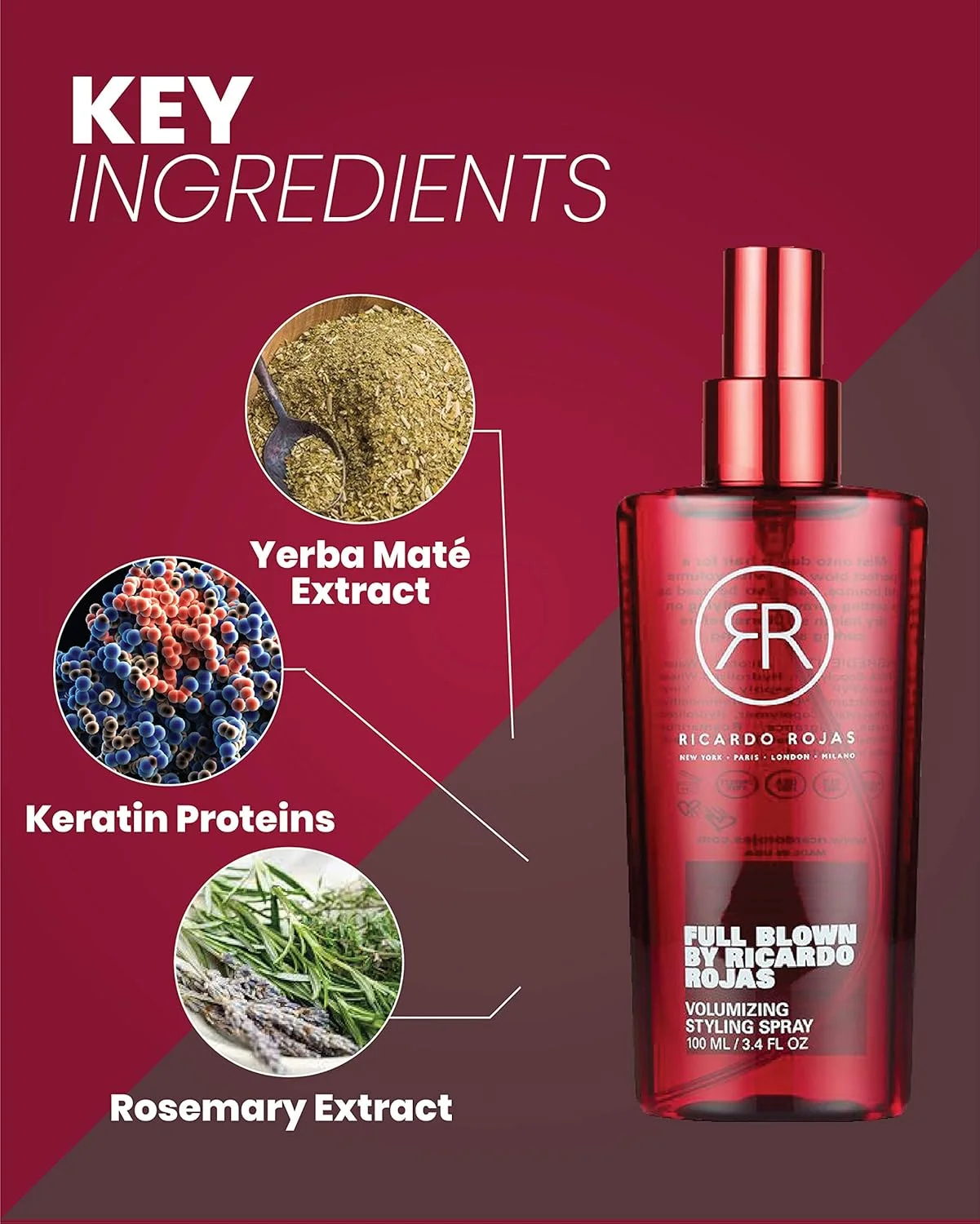 اسپری حالت دهنده و حجم دهنده مو ریکاردو روخاس | افزایش حجم طبیعی در هنگام سشوار | محافظت در برابر حرارت | کراتین، یربا ماته، رزماری | 100 میلی لیتر