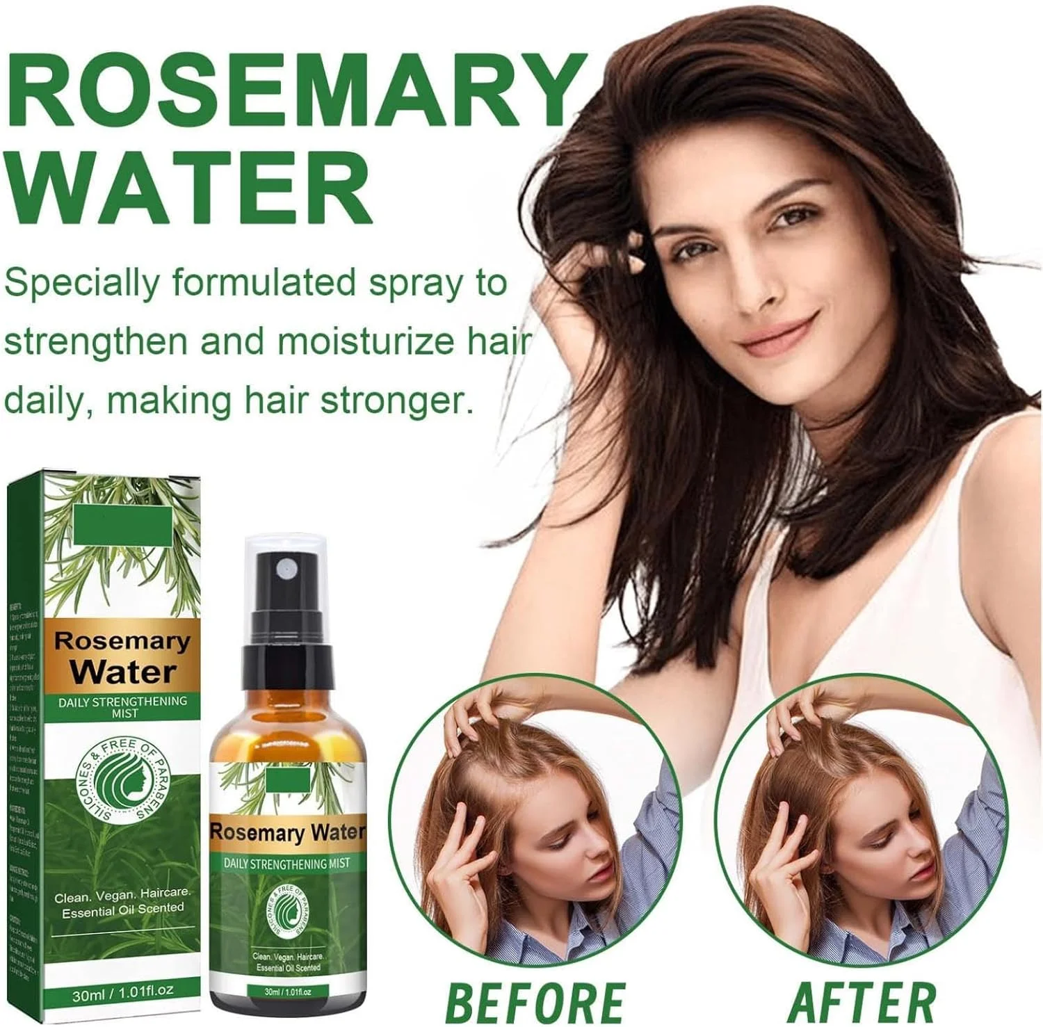 اسپری مو رزماری، اسپری تقویت کننده روزانه آب رزماری، اسپری متراکم کننده مو، مرطوب کننده مو، احیا کننده درخشش، افزایش دهنده خاصیت ارتجاعی و اسپری (3 عدد)
