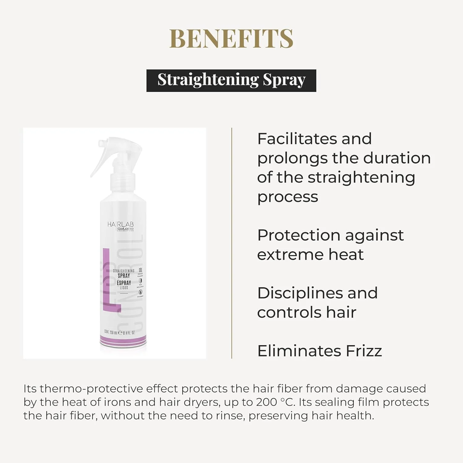 اسپری صاف کننده مو سالرم 250 میلی لیتر، تسهیل و افزایش ماندگاری صافی مو با کراتین هیدرولیز شده، محافظت از مو در برابر حرارت، از بین برنده وز مو