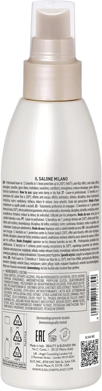 اسپری مو 12 در 1 حرفه ای Il Salone Milano - محافظت از حرارت + اسپری باز کننده گره مو با کنترل وز - ترمیم شکستگی مو با روغن زیتون و بادام - مناسب برای انواع مو (200 میلی لیتر)