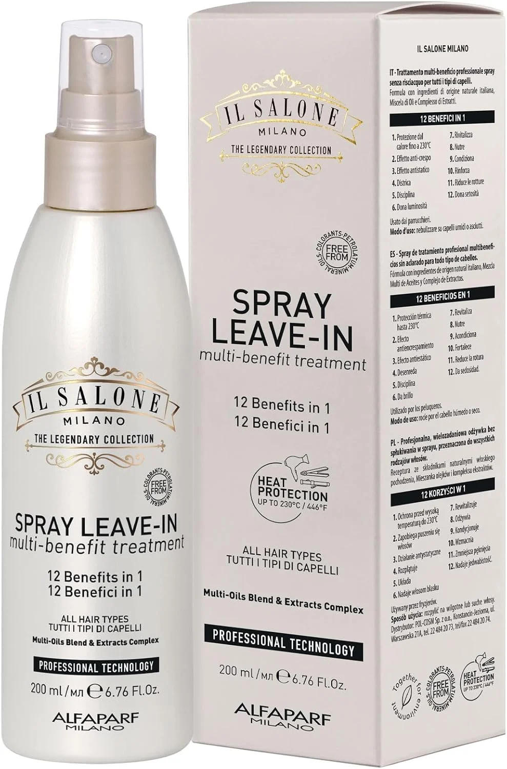 اسپری مو 12 در 1 حرفه ای Il Salone Milano - محافظت از حرارت + اسپری باز کننده گره مو با کنترل وز - ترمیم شکستگی مو با روغن زیتون و بادام - مناسب برای انواع مو (200 میلی لیتر)
