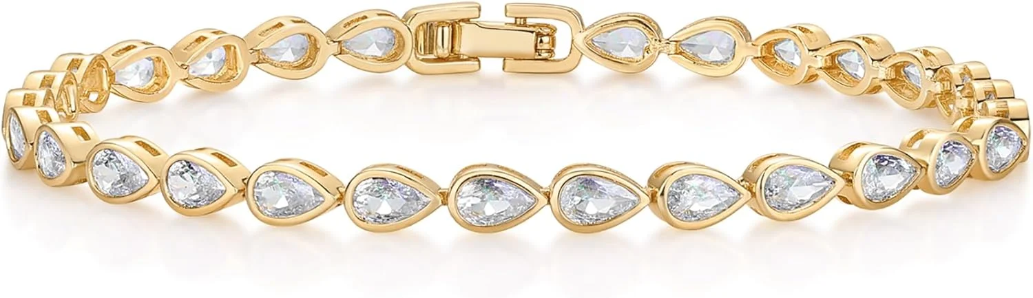 دستبند تنیس زنانه پاوی با روکش طلای 14 عیار و نگین های زیرکونیا | دستبند طلایی با سنگ های گرد، گلابی، قلبی و تراش درخشان | سایز 6.5-7.5 اینچ