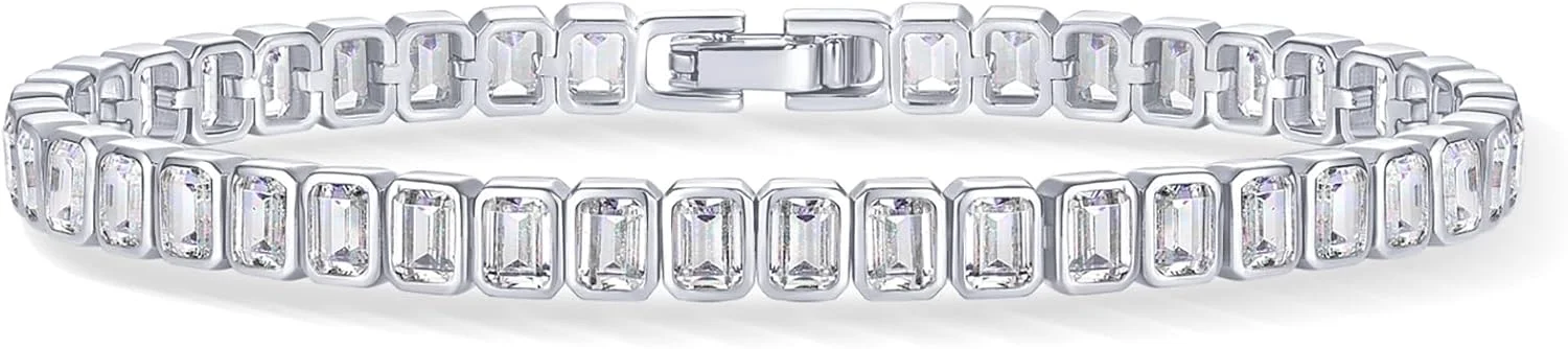 دستبند تنیس کلاسیک زنانه با روکش طلای 14 عیار و نگین های زیرکونیا کوبیک برش زمردی