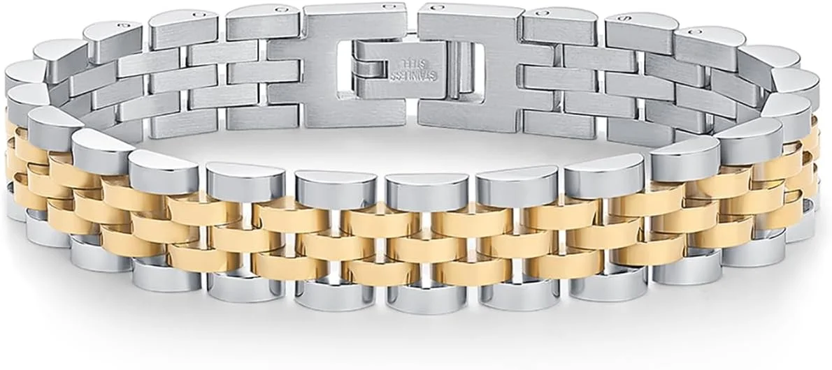 دستبند زنجیری پهن زنانه پاوی با روکش طلای 14 عیار - دستبند استیل طرح بند ساعت