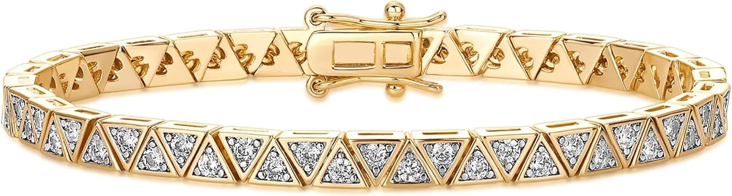 دستبند تنیس زنانه پاوی با روکش طلای 14 و 18 عیار و نگین های اتمی - دستبند طلایی با نگین های زیرکونیا، برش تریلیون، برش رادیانت، گرد، گلابی و قلبی - سایزهای مختلف