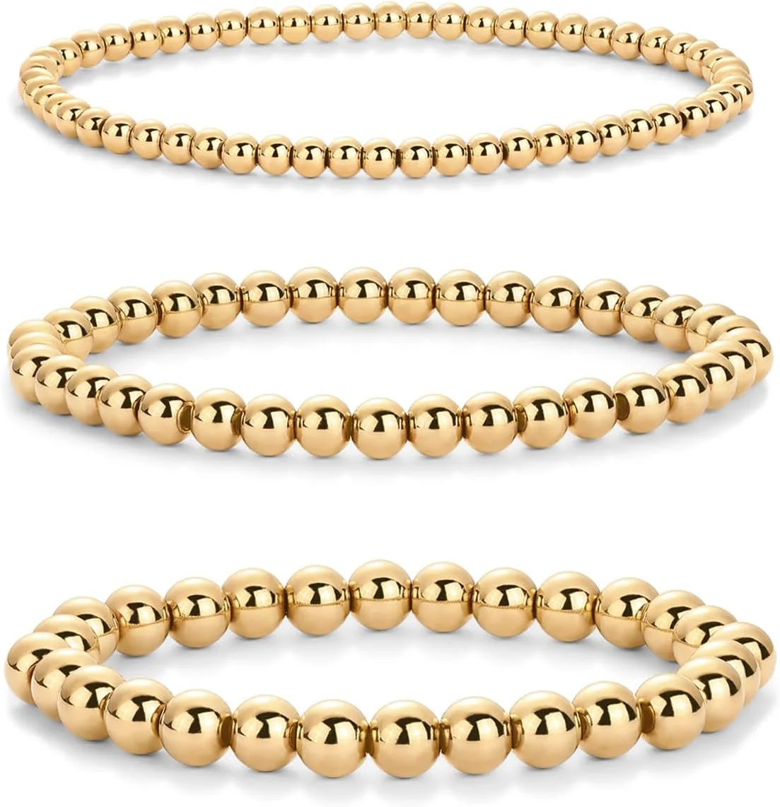 دستبند مهره ای روکش طلای 14 عیار پاویو برای زنان | ست 3 عددی دستبند طلایی کشسان