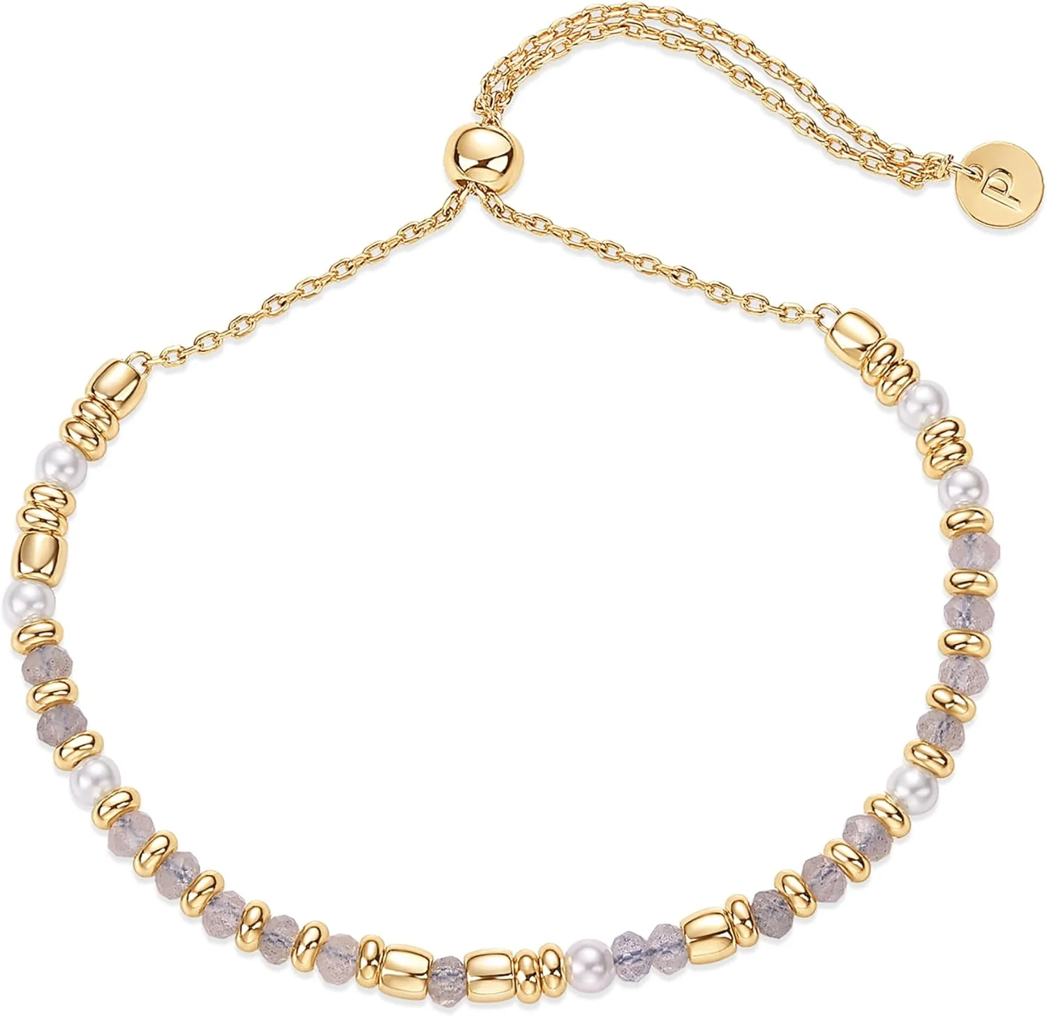 دستبند مهره دار با روکش طلای 14 عیار زنانه | دستبند کشویی قابل تنظیم رنگی به سبک بوهو | مروارید آب شیرین، یشم صورتی، آمازونیت، سودالیت، مهره های لابرادوریت