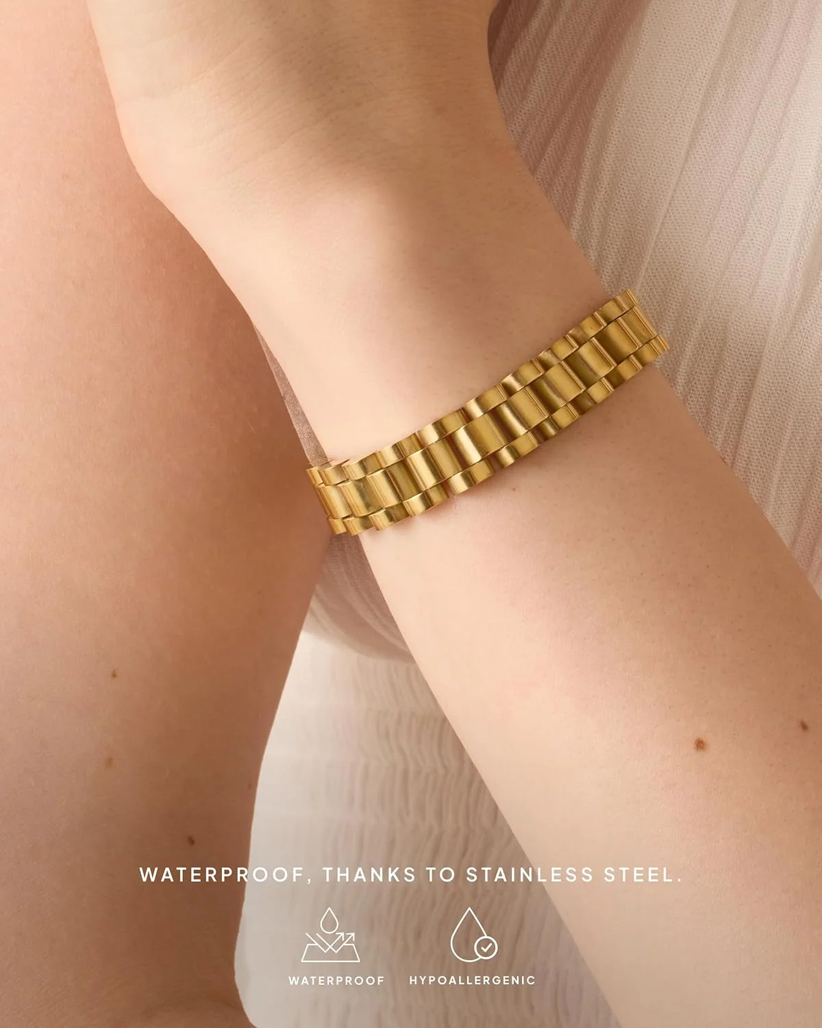 دستبند زنجیری طرح بند ساعت پاوی با روکش طلای 14 عیار زنانه | ضد آب، دو رنگ، ترکیبی از فلزات، استیل