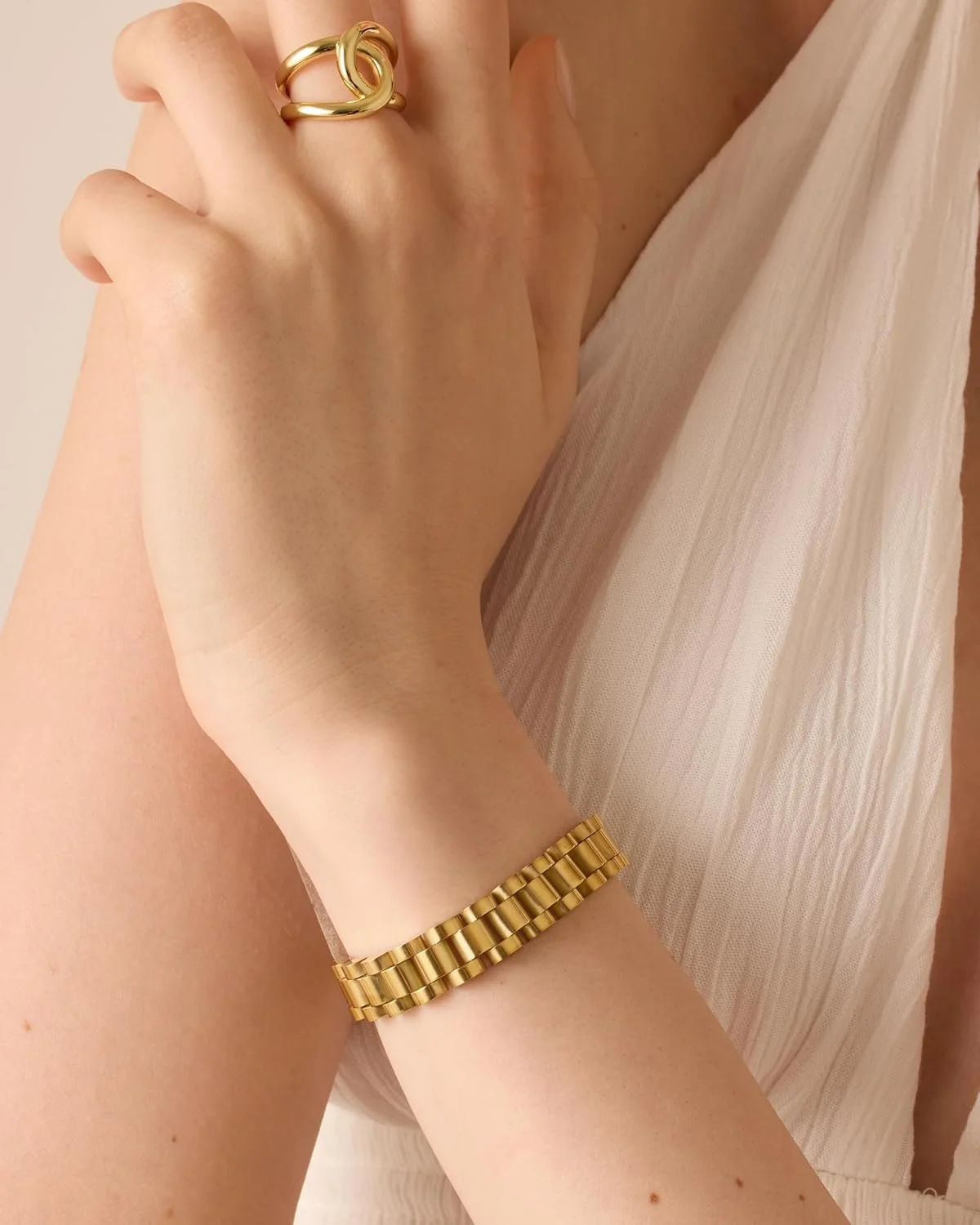 دستبند زنجیری طرح بند ساعت پاوی با روکش طلای 14 عیار زنانه | ضد آب، دو رنگ، ترکیبی از فلزات، استیل