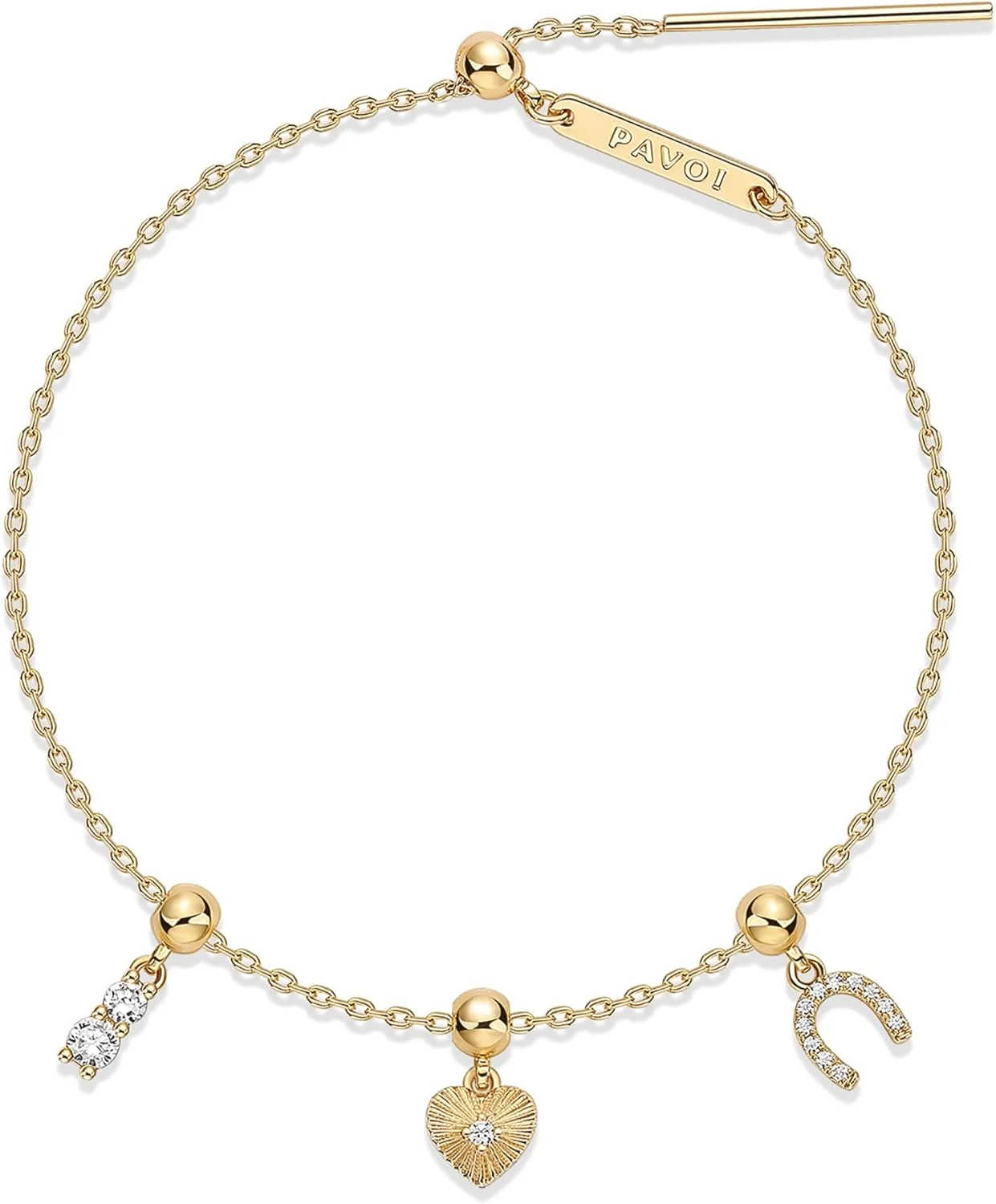 دستبند زنانه با روکش طلای 14 عیار پاوی | دستبند النگویی توپی کشویی 7 اینچی قابل تنظیم با آویزهای قابل جابجایی نعل اسب، قلب و زیرکونیا مکعبی | جواهرات زنجیره ای طلایی مد روز